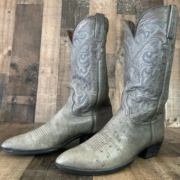 Lucchese Classics L612624 Gray Full Ostrich Western Cowboy Boots Mens 11 B - Picture 1 of 12